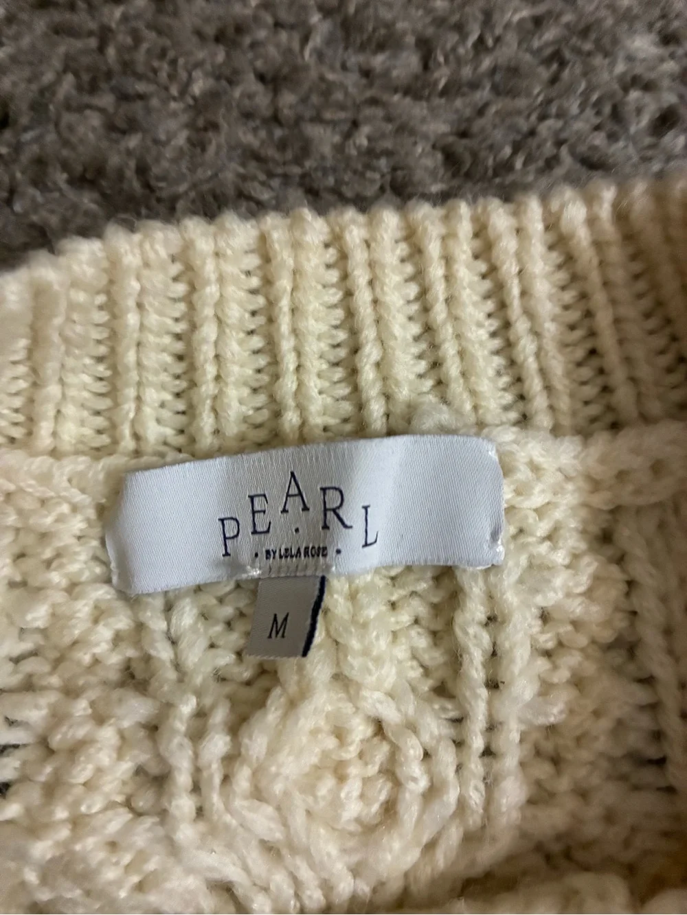 Pearl by Lela Rose cream Cable Knit Sweater with Fringe Sleeve Detail